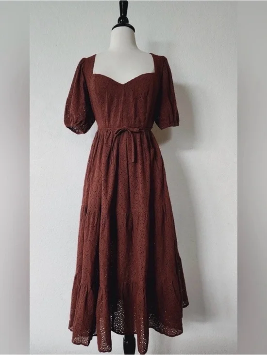 Anthropologie Brown Eyelet Midi Dress with Sweetheart Neckline - Picture 1 of 3